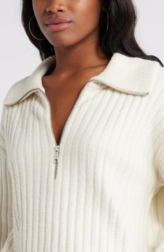 A roomy fit and a ribbed texture add comfy style points to an endlessly wearable sweater knit from a cotton-forward blend. Half-zip closure Spread collar Long sleeves Ribbed cuffs and hem 55% cotton, 43% recycled polyester, 2% spandex Machine wash, dry flat Imported Not available for sale and shipment to Germany Rib Sweater, Ribbed Texture, Comfy Fashion, Sweater Knit, Ribbed Sweater, Half Zip, Quarter Zip, Not Available, Knitted Sweaters