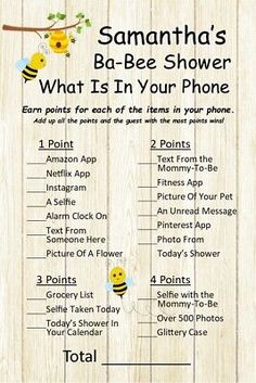 a bee themed baby shower game with the words, what is in your phone?