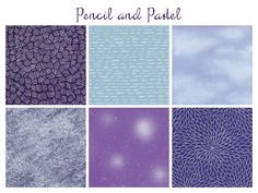 four different shades of blue and purple with the words pencil and pastel on them