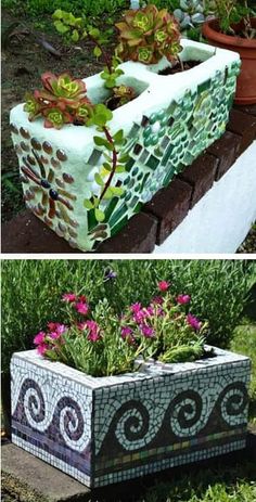 two pictures side by side with plants in the middle and one on the other, both made out of cement blocks