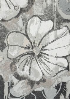 an abstract painting with flowers and leaves in grey, white and gray colors on a black background