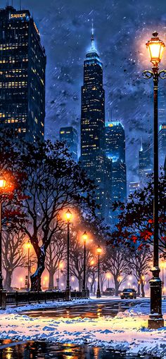 a painting of a city at night with snow on the ground and street lights in the foreground