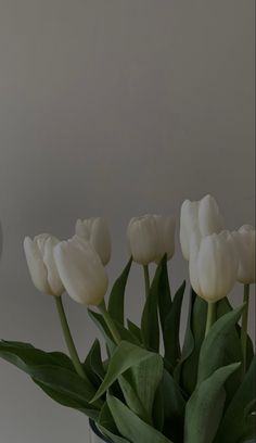 white tulips are in a glass vase with green leaves on the table next to an alarm clock