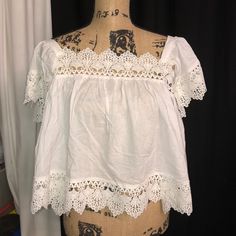 Gorgeous White Lace Crop Top. Flowy And Full For Your Summer Fashion! White Cropped Lace Top With Lace Trim, Summer Cotton Top With Lace Trim, Summer Tops With Lace Trim For Daywear, Chic White Lace Crop Top, Summer Lace Trim Tops For Daywear, Cotton Tops With Lace Trim For Daywear, Beach Lace Top Cotton Blouse, Beach Cotton Tops With Lace Trim, Beach Cotton Blouse With Lace Top