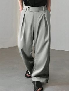 Men's Loose Solid Color Pleated Wide-Leg Pants Light Grey Casual   Fabric Plain Wide Leg Non-Stretch  Men Clothing, size features are:Bust: ,Length: ,Sleeve Length: