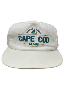 White vintage trucker hat with Limited Edition Cape Cod Mass printed on the brim.  Sailboat details.  This hat is white and shows some minor yellowing to the hatband on the inside.  Overall excellent condition. Vintage Golf Hats, Coleman Camping, Vintage Coleman, Vintage Trucker Hat, Hunting Hat, Vintage Trucker Hats, Vintage Golf, Golf Hats, Social Club