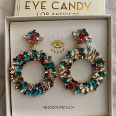 Eye Candy La | Nwt Stunning Fancy Colorful Earrings | Size: One Size | Color: Multi | 14k Gold Plated Alloy | Pierced, Back Closure Earrings | Great Pair Of Earrings To Have For Special Occasions | Approx. 2.5 Inches Diameter | In Excellent Condition Eye-catching Multicolor Jewelry For Party, Eye-catching Gold Jewelry For Party, Multicolor Jeweled Drop Earrings, Trendy Jeweled Earrings For Gift, Multicolor Jeweled Round Earrings, Eye-catching Dangle Jewelry For Gifts, Elegant Jeweled Hoop Earrings Gift, Trendy Festive Drop Earrings, Eye-catching Multicolor Party Jewelry