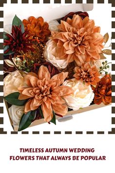 there is a card with flowers in it and the words, timeless autumn wedding flowers that always be popular