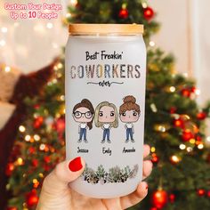 a woman holding up a can with the words best freakin'do workers on it