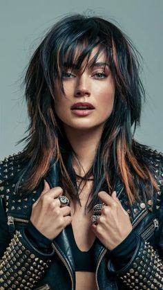 Edgy Shag Haircut, Long Haircut Ideas, Rockstar Hair, Dark Grey Hair Color, Layers Curtain Bangs, Trendy Curtain Bangs, Messy Layers, Rocker Hair, Women Haircuts Long