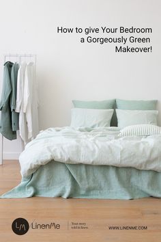 a bedroom with white walls and light green linens on the bed is featured in this ad