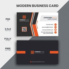 modern business card with an orange and black stripe on the bottom, and a gray background