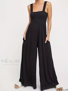 Peilia - Womens Sleeveless High-Waist Wide-Leg Solid Shirred Cami Jumpsuit - Long Length Casual Attire Strapless Sleeveless Stretch Jumpsuit In Solid Color, Fitted Strapless Sleeveless Jumpsuit With Pockets, Fitted Strapless Jumpsuit With Pockets, Casual Strapless Sleeveless Jumpsuit With Elastic Waistband, Casual Strapless Jumpsuit With Elastic Waistband, Stretch Solid Jumpsuits And Rompers With Elastic Waistband, Stretch Jumpsuits And Rompers With Elastic Waistband, Sleeveless Stretch Jumpsuit With Pockets, Sleeveless Stretch Jumpsuits And Rompers With Pockets