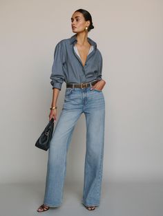 Denim time. Shop the Palmer Lived-In Baggy Jeans from Reformation, a low-rise jean with a relaxed leg and lived-in feel. Outfits With Wide Leg Jeans, Business Casual Jeans, Jeans Outfit For Work, Time Clothes, Dress Up Jeans, Chic Jeans, Work Jeans, Swimwear Dress, Relaxed Jeans