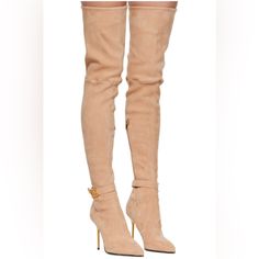 Balmain 37 Beige Raven Tall Boots Nib Over The Knee Thigh High Tan Suede Made In Italy The Perfect Valentines Gift Luxury Beige Suede Boots, Elegant Beige Suede Heeled Boots, Elegant Gold Boots With Leather Sole, Luxury Beige Calf Leather Boots, Beige Closed Toe Formal Boots, Formal Closed Toe Beige Boots, Designer Beige Boots For Evening, Formal Beige Closed Toe Boots, Beige Closed Toe Evening Boots