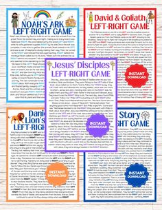 four different types of jesus's right game booklets on a wooden background with text