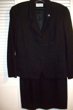 "Vintage Gianni wool black career suit. Size 8. Petite. Beautiful cut. Bust measures 38\", length 24\". Waist on skirt measures 28\", hip 40\", length 21\". Perfect ! No flaws of any kind. Stored with TLC Comes from a smoke-free home." Black Skirt Suit, Womens Suits, Blue Floral Top, Teal Color, Cool Sweaters, Teal Colors, Cotton Pants, Skirt Suit, Black Skirt