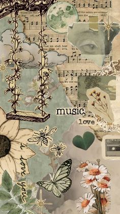 an altered collage with flowers and music notes