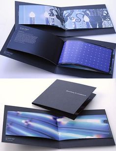 an open brochure is shown with blue and black designs