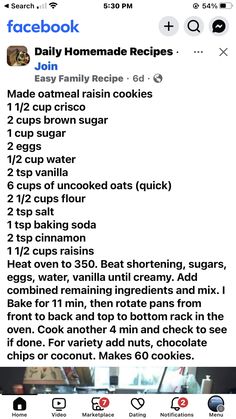 the recipe for homemade cookies on facebook