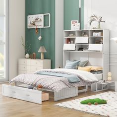 a bed room with a neatly made bed next to a book shelf and dressers