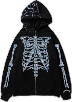 Men's Glitter Skeleton Print Jacket Long-sleeved Hooded Sweatshirt Top