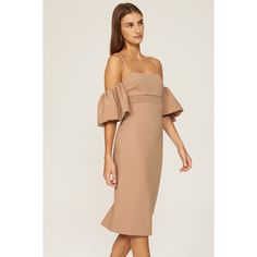 Brown crepe (88% Polyamide, 12% Elastane).Lining (96% Polyamide, 4% Elastane). Sheath. Short sleeves. Square neck. Back zipper closure. 42" from shoulder to hemline. Made in the USA. Spring Off-shoulder Lined Midi Dress, Brunch Midi Dress With Ruffles And Straight Neckline, Elegant Midi Dress With Ruffles And Straight Neckline, Midi Length Dress With Pleated Sleeves For Brunch, Knee-length Midi Dress With Pleated Sleeves For Brunch, Spring Midi Mini Dress With Structured Shoulders, Summer Midi Dress With Pleated Sleeves For Date Night, Elegant Midi Dress With Structured Shoulders For Brunch, Fitted Midi Dress With Structured Shoulders For Brunch