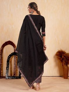 Introducing our stunning "awesome black embroidered silk traditional pantsuit with dupatta", a perfect addition to your ethnic wardrobe. Crafted from high-quality silk material, this suit features intricate embroidery and handwork that adds a touch of elegance and sophistication. The set includes a black color suit with embroidered details, matching silk pants, and a dupatta with printed work, giving you a complete traditional look.
This pantsuit includes fully stitched black suit pants, availab Black Silk Saree For Eid, Black Art Silk Traditional Wear With Sheer Dupatta, Black Semi-stitched Saree For Eid, Black Art Silk Dupatta For Diwali, Black Art Silk Bollywood Dupatta, Black Chanderi Traditional Wear, Unstitched Sharara With Embroidered Border For Traditional Ceremonies, Traditional Churidar With Sheer Dupatta For Ceremonies, Festive Black Chanderi Traditional Wear