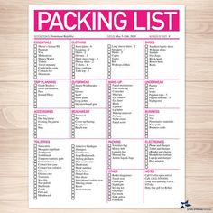 the packing list is shown in pink and white on a wood background with text that says packing