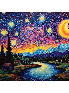 a painting of a night sky with stars and the moon in the distance over a river