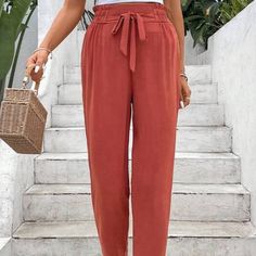 Flattering, Comfortable And Stylish! Never Worn! Elastic Waist, Regular Fit 100% Polyester. Red Non-stretch Bottoms For Day Out, Non-stretch Red Bottoms For Day Out, Casual Red Bottoms For Day Out, Shein Pants, Pants Color, Pant Jumpsuit, Elastic Waist, Knot, Pants For Women