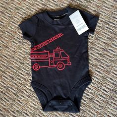 Cute Fire Truck Bodysuit Fitted Black Onesie For Playwear, Black Short Sleeve Onesie For Playwear, Black Cotton Bodysuit For Playtime, Red Fitted Bodysuit For Playtime, Red Fitted Bodysuit For Casual Wear, Fitted Black Onesie For Playtime, Black Fitted Onesie For Playtime, Fitted Black Onesie For Summer, Black Fitted Short Sleeve Onesie