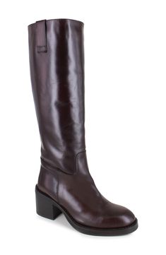 A block heel adds just the right amount of lift to this suave and streamlined knee-high boot. 2" heel 19" shaft; 12" calf circumference Leather upper, lining and sole Made in Italy Classic Knee-high Boots With Block Heel For Business, Classic Wide Calf Platform Boots For Workwear, Classic Knee-high Platform Boots For Business, Leather Boots Outfit, Brown Leather Knee High Boots, Brown Knee High Boots, Brown Leather Boots, Outfit Inspo Fall, Boots Outfit