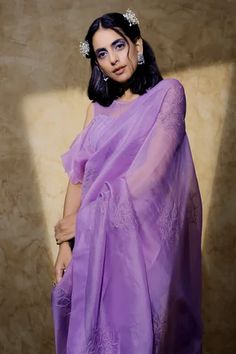 Shop for Shilpi Gupta Purple Organza Embroidered Saree With Frill Detail Blouse for Women Online at Aza Fashions Organza Pre-draped Saree With Unstitched Blouse, Designer Pre-draped Organza Saree For Eid, Anarkali Style Pre-draped Organza Saree For Eid, Festival Organza Sets, Bollywood Style Organza Blouse With Traditional Drape, Party Wear Organza Sets With Chikankari Embroidery, Festive Unstitched Organza Blouse Piece, Party Wear Sets With Chikankari Embroidery On Organza, Organza Blouse With Dupatta