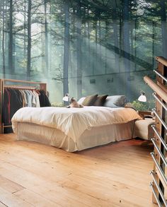 a bedroom with wooden floors and lots of windows on the wall, along with a large bed