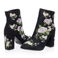 Floral Embroidered Black Suede Pointed Toe Ankle Boots on Luulla Black High Heel Ankle Boots, Ladies Ankle Boots, Pointed Toe Ankle Boots, High Heel Ankle Boots, Flower Black, Heel Ankle Boots, Trendy Chic, High Heel Boots Ankle, Beautiful Boots