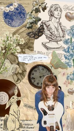 a woman holding a white guitar in front of a collage of clocks and flowers