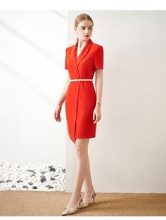 Fitted V-neck Wrap Dress For Work, Elegant V-neck Belted Mini Dress, Modern Formal Mini Dress With Short Sleeves, Semi-formal V-neck Blazer Dress, V-neck Belted Blazer Dress For Formal Occasions, V-neck Belted Blazer Dress For Formal Events, Fitted Belted Mini Dress With Surplice Neckline, Fitted Mini Dress With Belt And Surplice Neckline, Fitted Mini Dress With Belted Surplice Neckline