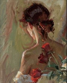 a painting of a woman with flowers in her hair and back to the camera, looking down