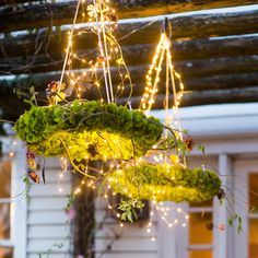 an outdoor chandelier decorated with lights and moss