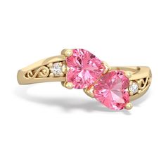 Two hearts, snuggled up against each other, in a warming 14K Gold embrace. This ring features beautiful heart shaped lab pink sapphire and lab pink sapphire gems. Accented by two dazzling diamonds, with an elegant filigree curve. You can customize this ring, perhaps choosing your loved one's favorite colors, or the birthstones of you and your love. Gem: Lab Created Pink Sapphire Metal: solid 14K Gold Diamonds: genuine SI2 diamonds Free gift packaging is included with every order. Pink 14k Gold Heart Ring For Promise, Pink 14k Gold Heart Promise Ring, Pink Heart Cut Ruby Ring For Valentine's Day, Anniversary Pink Ruby Ring With Center Stone, Pink 14k Gold Heart Ring Gift, Pink Diamond Birthstone Ring For Anniversary, Pink Gemstone Anniversary Rings, Pink Gemstone Rings For Anniversary, Pink Sapphire Birthstone Ring In Fine Jewelry Style