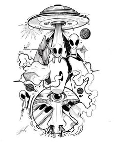 an alien spaceship flying through the sky with skulls and aliens around it in black and white