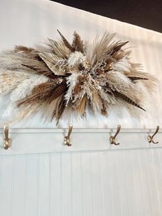 there is a coat rack that has some feathers on it and hooks attached to the wall