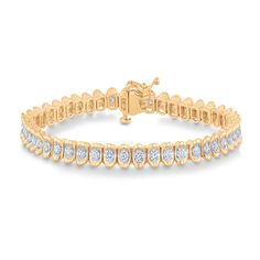 Add sparkle to your wrist with this stunning diamond tennis bracelet. Crafted in 10k yellow gold, this bracelet boasts sparkling round diamonds set in oval-shaped links. The diamond area is enhanced with rhodium-plating, for a cohesive, bright look. The diamonds are 2ctw, I in color, and I2 in clarity. This bracelet measures 7 inches in length and 6mm in width. Diamond Oval Link Tennis Bracelet, Diamond Tennis Bracelet With Oval Link And Accents, Oval Link Diamond Tennis Bracelet With Accents, Oval Link Diamond Tennis Bracelet With Diamond Accents, Timeless Oval Tennis Bracelet With Diamond Accents, Timeless Tennis Bracelet With Diamond Accents, Fine Jewelry Oval Diamond Bracelet With Accents, Oval Diamond Bracelet With Diamond Accents, Oval Diamond Bracelet With Accents