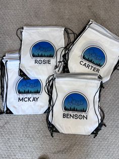 White pull string backpacks with blank space to create custom names and photos for family reunion, sports activities, birthday parties, business promotions, or other fun things! I will be happy to help design whatever you want on the backpack.  The bags are made from a smooth nylon fabric, so they feel more plastic like than a canvas fabric.  Size is 13x16 inches. Custom Backpack, Floral Backpack, Personalized Backpack, Swag Bag, Embroidery Bags, Family Reunions, Personalized Gifts For Kids, Blank Space, Nylon Fabric