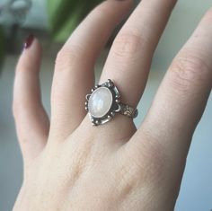 Unique Oval Ornate Sterling Silver Ring, Size 6 Silver Oval Crystal Ring, Vintage Oval Moonstone Promise Ring, White Oval Bohemian Ring, Bohemian White Oval Rings, Bohemian White Oval Ring, Vintage Oval Cabochon Crystal Ring, Vintage Oval Jewelry With Ring Detail, Classic Handmade Oval Moonstone Ring, White Oval Adjustable Rings