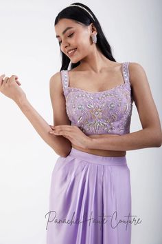 Lavender Color Dhoti with Hand-embroidered Crop Top – Panache Haute Couture Elegant Lavender Festive Sets, Elegant Festive Lavender Sets, Elegant Lavender Sets For Festive Occasions, Bollywood Style Purple Palazzo Set For Party, Embroidered Satin Sets For Reception, Unstitched Satin Choli For Reception, Lavender Saree Set For Party, Lavender Saree For Party, Elegant Lavender Saree Set