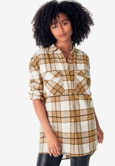 Pure perfection — a cozy plaid flannel shirt in a tunic length. Classic shirt styling with a curved hem, slightly longer in back. With denim, it’s a match made in fashion! Shirt collarTwo oversized pockets with pearlized buttonsLong sleeves with 2-button cuffsHi-low curved bottom hemApprox. 33" hits mid-thighCotton flannel Machine wash cold, imported.Customers also love our classic version! Click here to shop. Shirt Styling, Scandinavian Lifestyle, Flannel Tunic, Oversized Pockets, Plaid Fashion, Design Aesthetic, Plaid Flannel Shirt, Tunic Length, Tunic Sweater