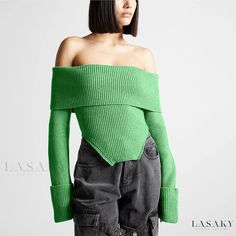 Lasaky - Stylish Off-Shoulder Knitted Sweater with Slim Fit and Long Sleeves in Solid Color Sweater Off Shoulder, Backless Sweater, Womens Knit Tops, Clothing Catalog, Irregular Hem, Off Shoulder Sweater, Long Sleeve Knit Sweaters, Knit Crop Top, Knit Crop