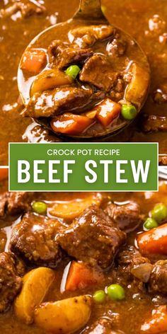 beef stew with potatoes and carrots in a crock pot recipe on a spoon